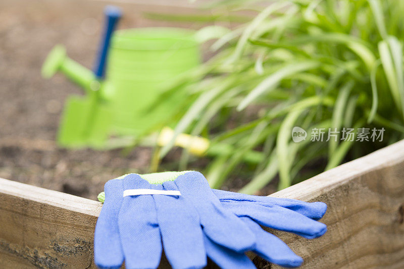 园艺工具。喷壶，铁锹，泥铲，手套。花园。