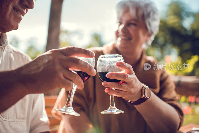 一对老夫妇用葡萄酒敬酒的特写。
