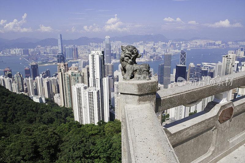 以香港天际线为背景的石狮雕像