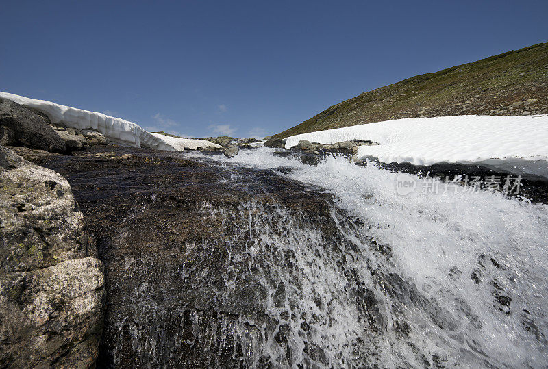 来自Jotunheimen山上融化的雪的岩石溪流