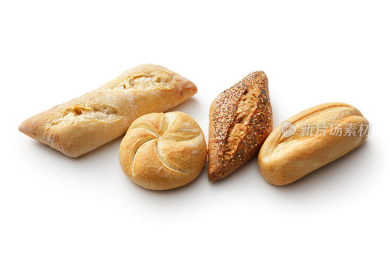 面包:各种面包孤立在白色背景