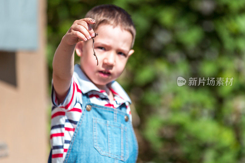 园丁男孩展示蚯蚓