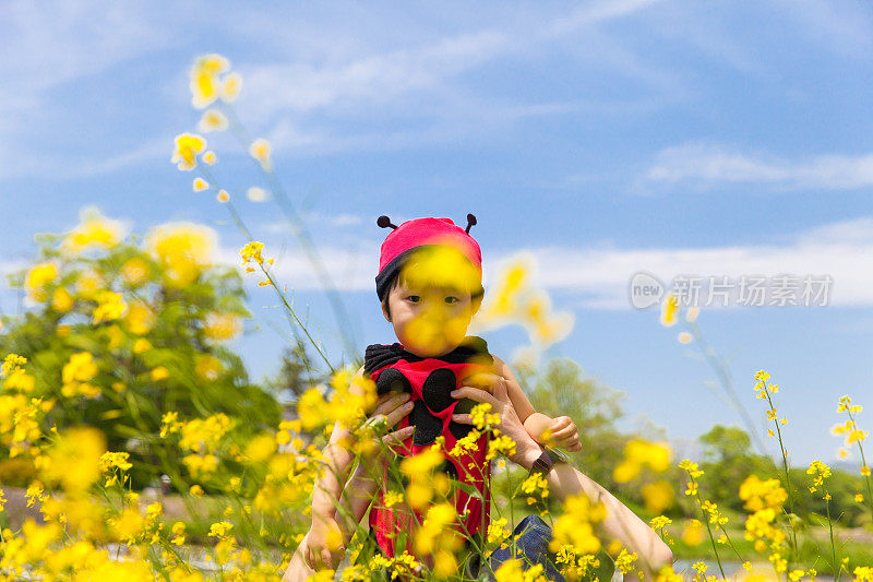 日本小女孩飞在花园的瓢虫衣服
