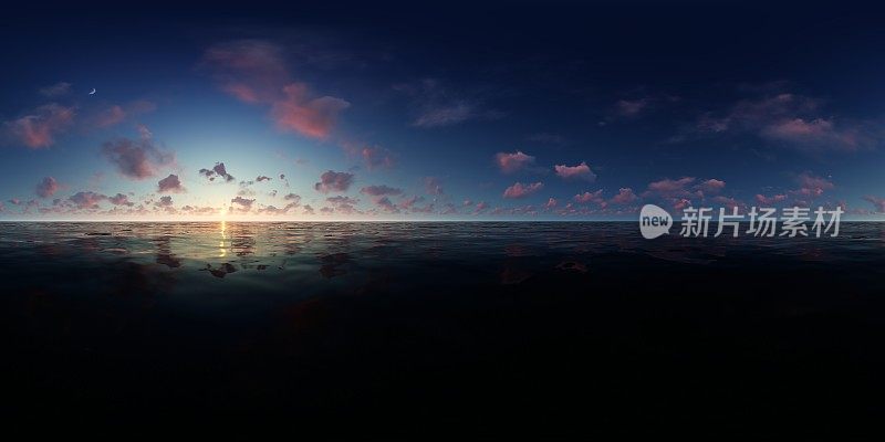 360°全景，美丽的日落天空在海上