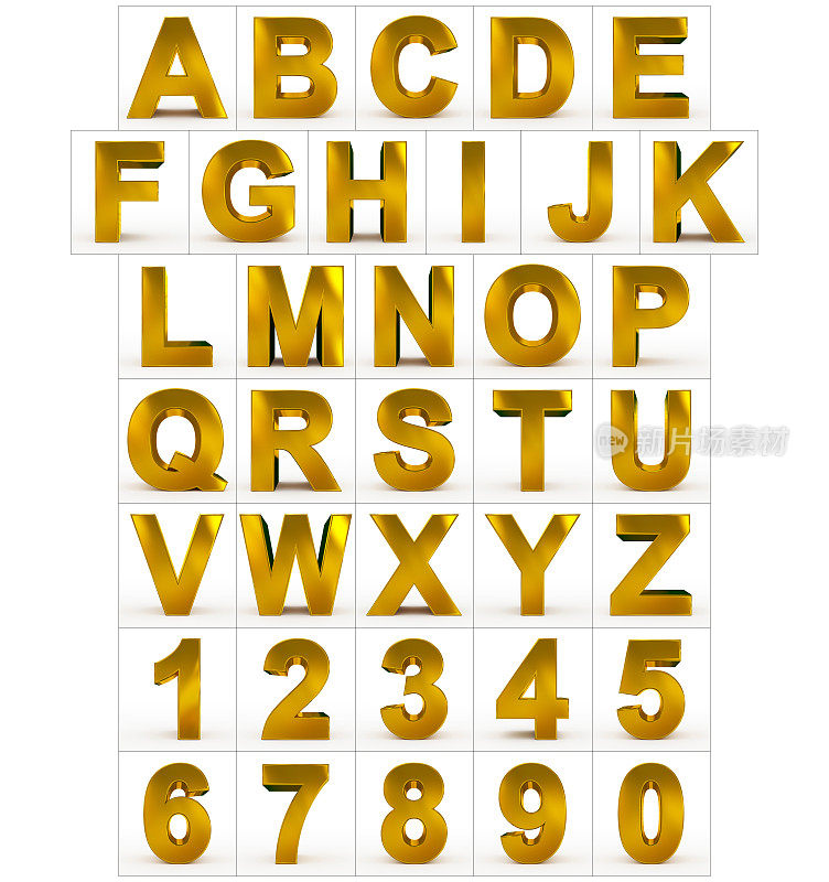 字母和数字3d金色孤立在白色