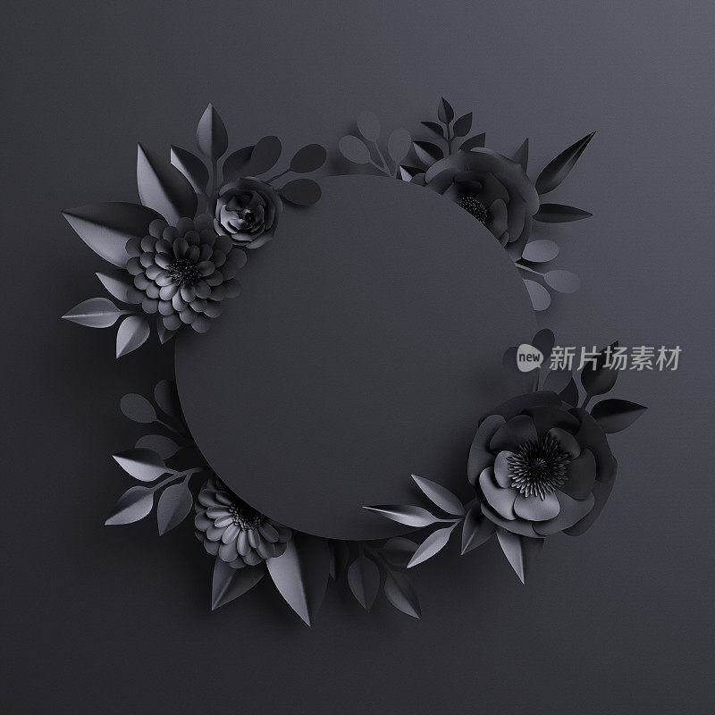 3d渲染，黑色纸花，植物背景，空白圆形横幅，花卡，哥特式框架