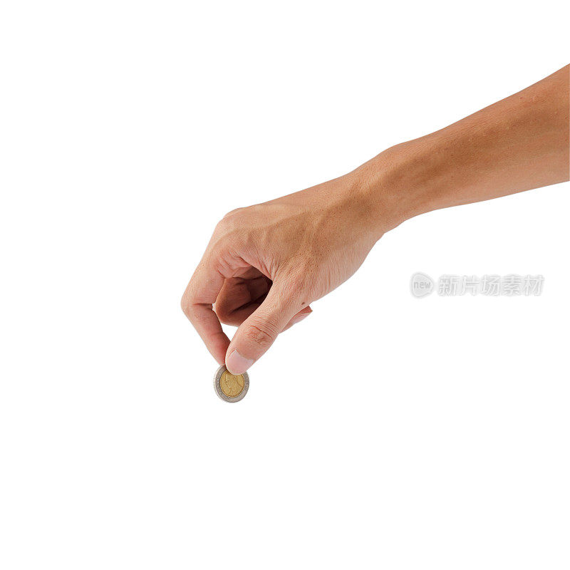 女性手握硬币孤立在白色背景与剪切路径。