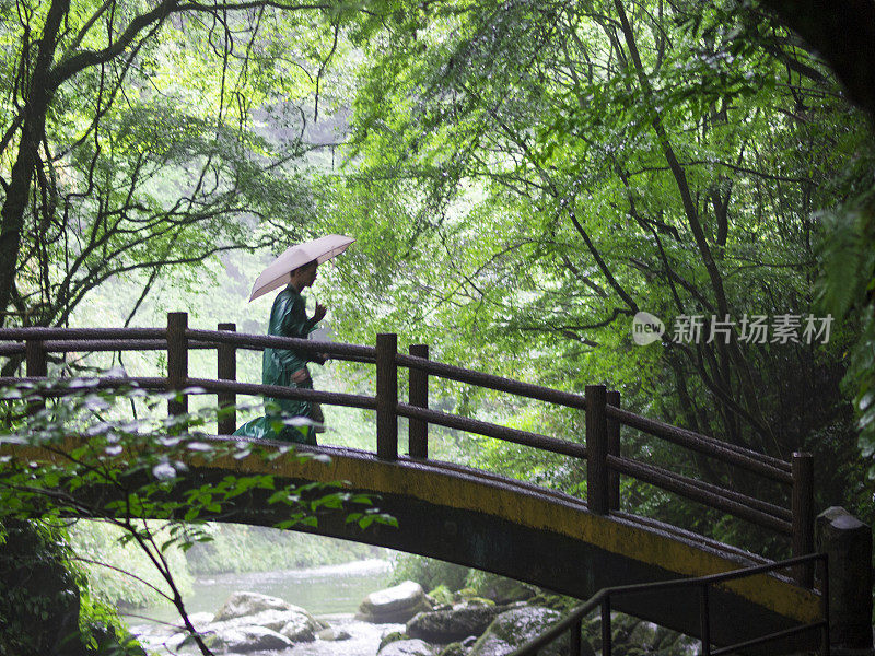 日本九州高知湖峡谷桥上的人