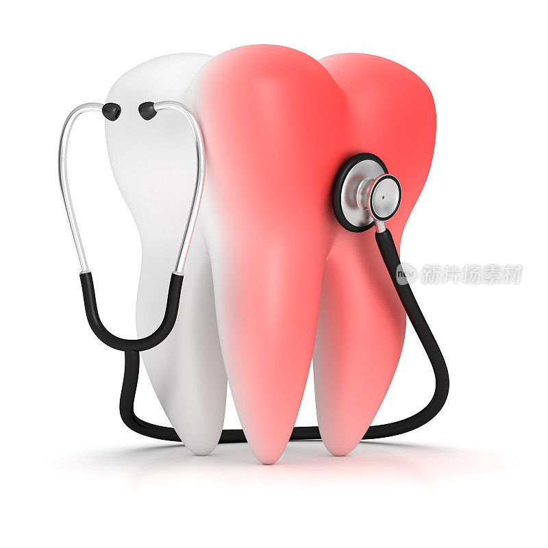 牙用听诊器。牙齿有疼痛和发炎的牙齿疾病。牙齿发炎、牙髓炎的医学说明。