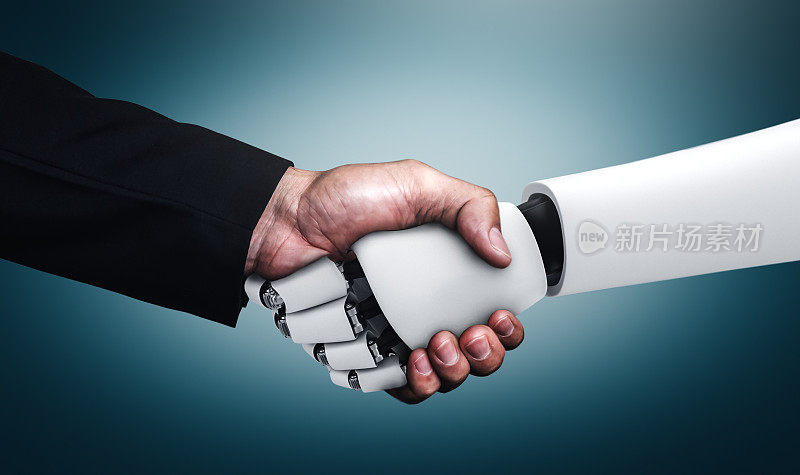 3D渲染人形机器人握手协作未来技术