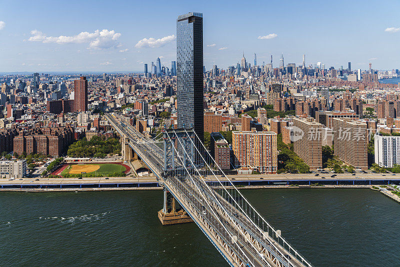 曼哈顿大桥和曼哈顿中城的鸟瞰图，后面是泽西城的全景图。