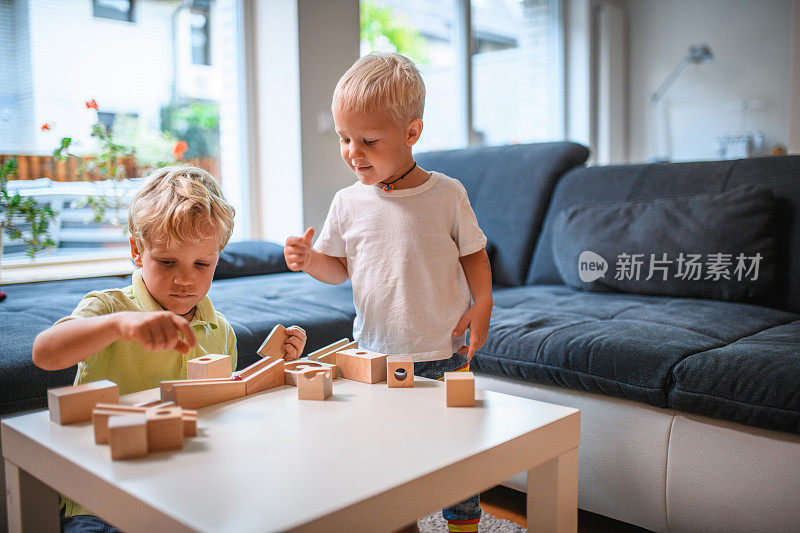 两个白人兄弟在家里玩木制玩具积木和弹珠