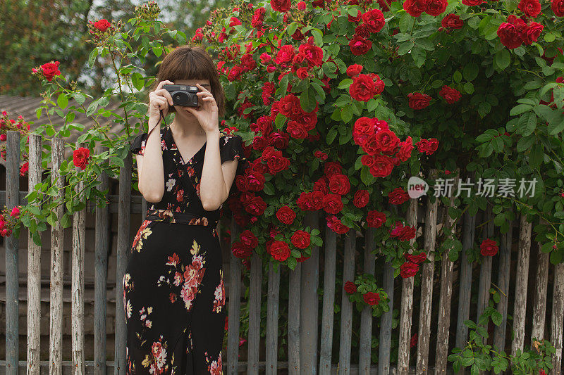 红头发的模型与照片相机在背景上的玫瑰灌木。摄影师。亚洲女孩与红色的嘴唇在裙子上令人敬畏的夏天背景。玫瑰花园。女人肖像。兴趣和爱好