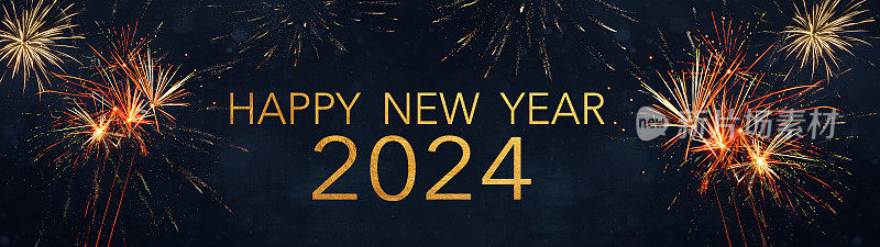 西尔维斯特2024年新年快乐跨年晚会背景横幅全景长-烟花烟花在质朴的深蓝色夜空纹理。