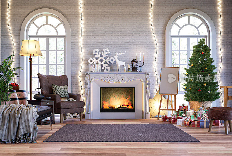 古典风格的客厅装饰圣诞树3d渲染