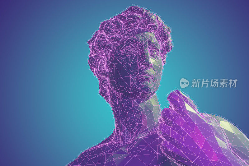 3D渲染经典雕塑Metaverse化身网络低聚发光的紫色线条