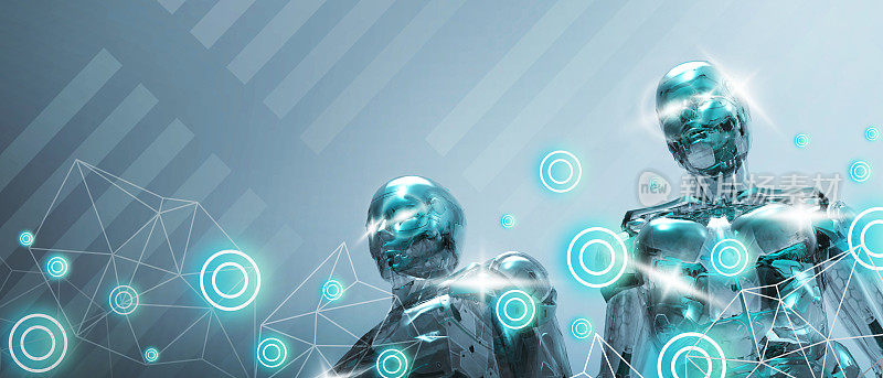 人工智能机器人技术在蓝绿背景下通过互联网概念与元宇宙世界连接。灵感，复制空间，数字，横幅，网站-3d渲染