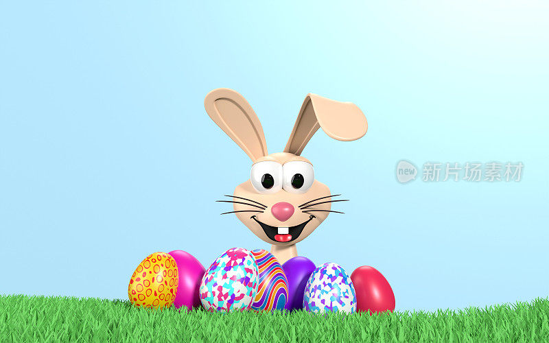 装饰复活节彩蛋和复活节兔子在草地上对着晴朗的蓝天