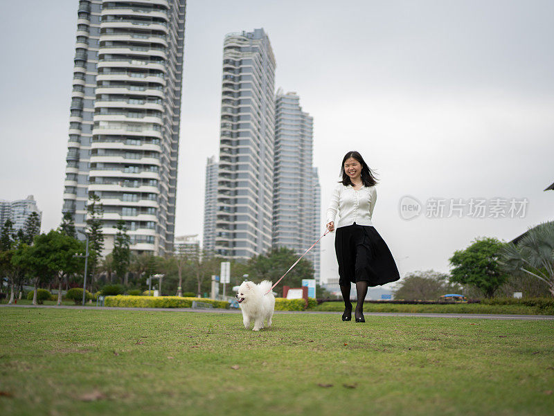 在草地上和宠物狗玩耍的女人