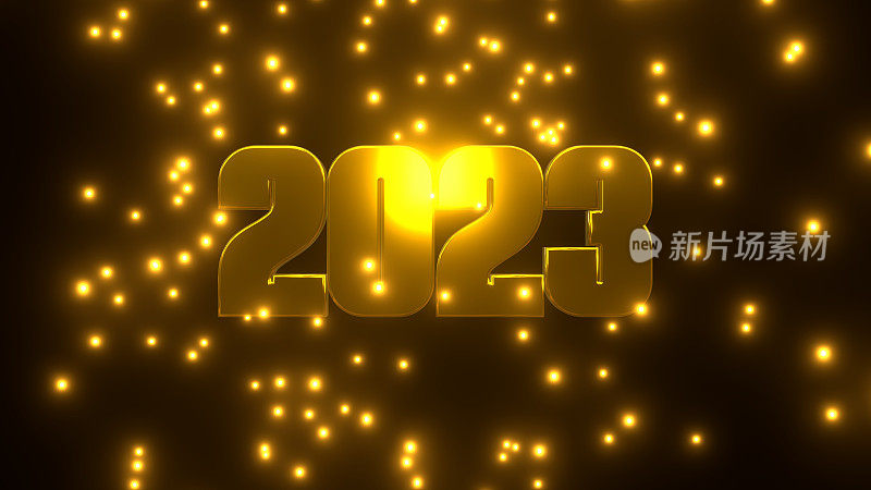 新年快乐2023金色粒子落在黑色的背景。