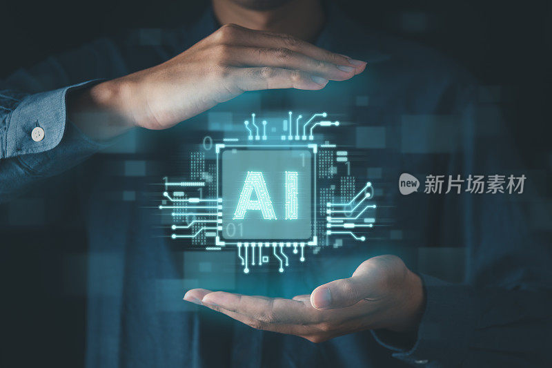 人工智能机器人人工智能，商人使用人工智能聊天机器人与人类对话。未来技术和数字通信概念。