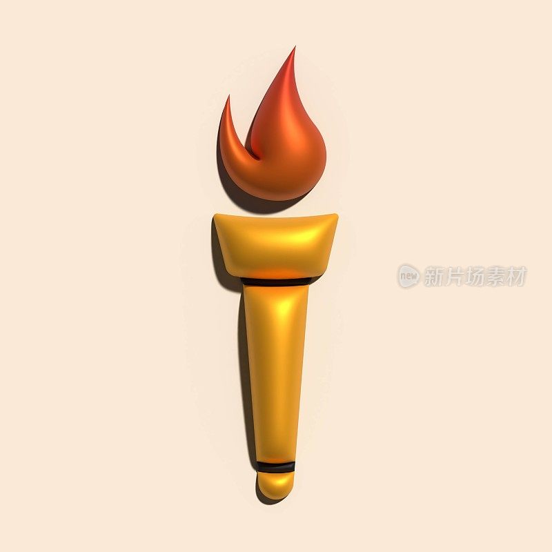 3d火炬插图。燃烧的火炬之光。金色的闪光。火炬火焰符号。