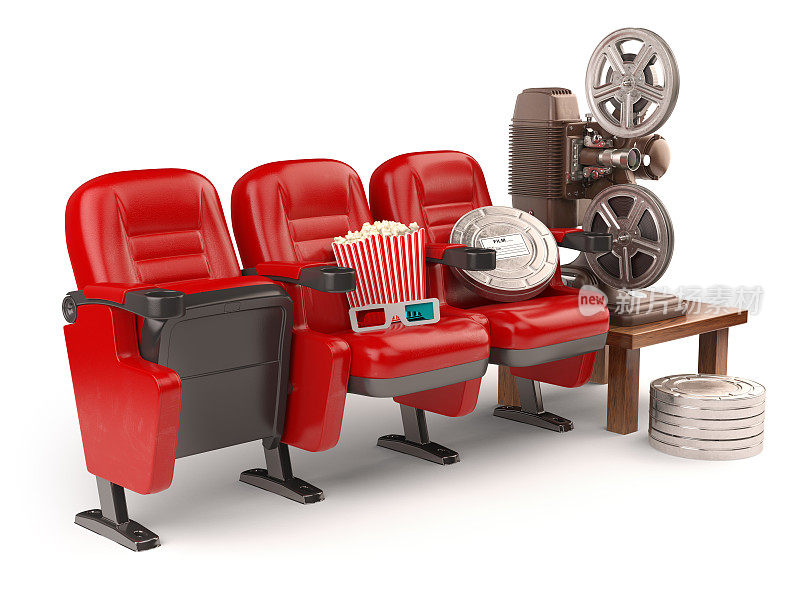 电影，电影或家庭视频概念。带卷轴的座位，爆米花