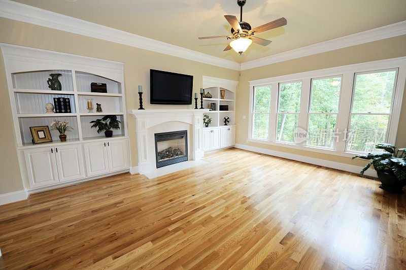 客厅内部有褐色木地板，没有沙发