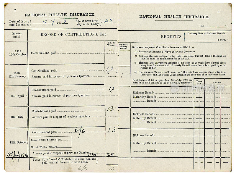 英国国民健康保险缴款卡，1912-14年，内展