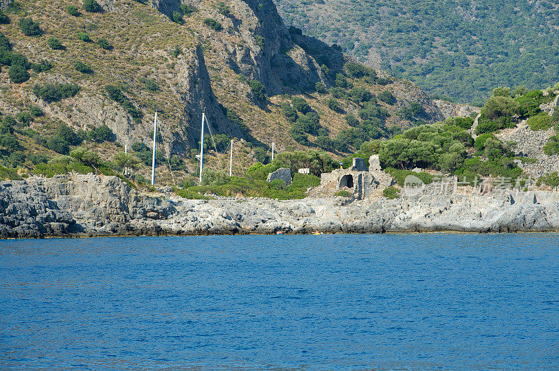 土耳其海岸上的帆船桅杆