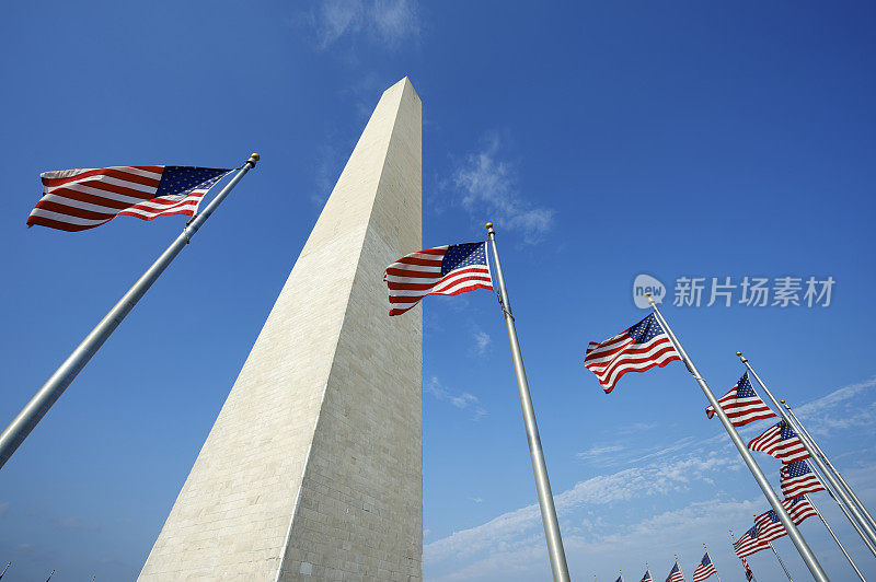 华盛顿纪念碑，美国国旗，蓝天
