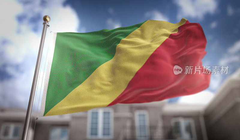 刚果共和国国旗3D渲染在蓝天建筑的背景