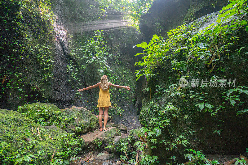 在巴厘岛的热带雨林中，旅行的年轻女子张开双臂拥抱大自然的美丽。人们以自然为旅游理念。