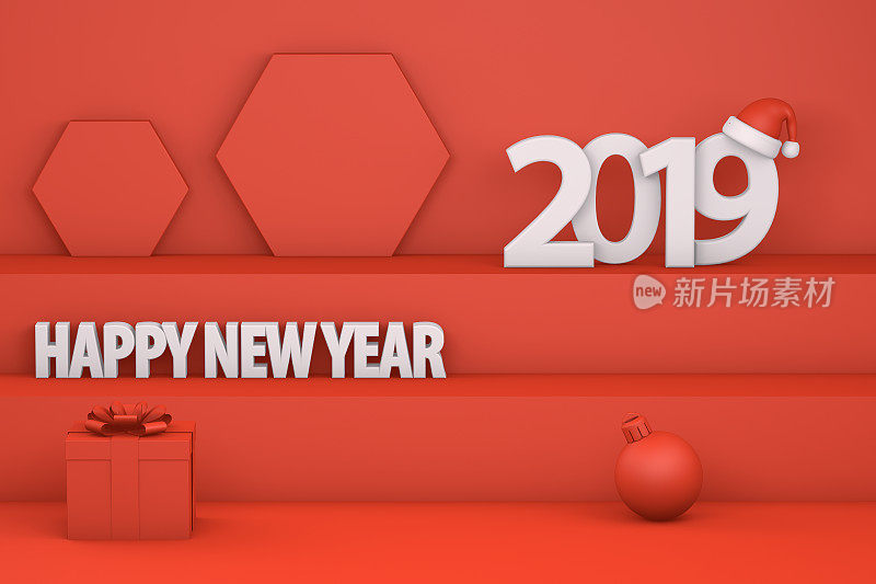 楼梯上戴着圣诞帽的2019年新年