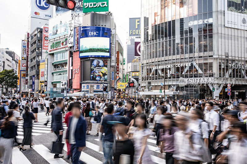 东京市中心涩谷十字路口的交通高峰期