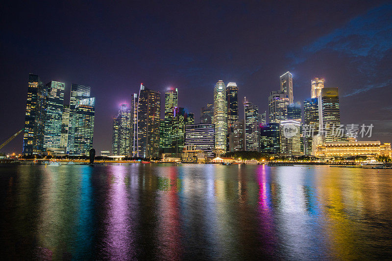 黄昏时分，新加坡金融区滨海湾的天际线