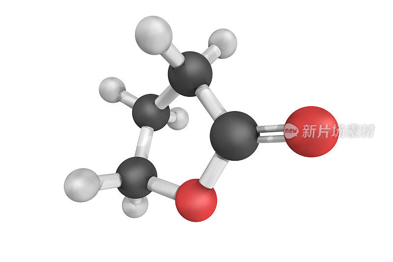 -丁内酯的三维结构，一种吸湿无色液体，具有微弱的特征气味。它溶于水，是化学中常见的溶剂和试剂