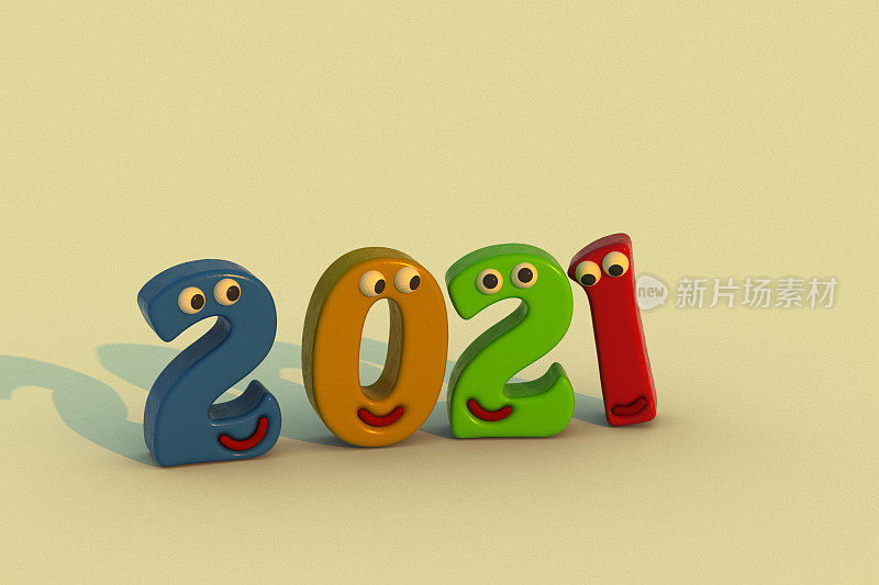 2021年新年的数字，字符，极简主义，不确定的未来