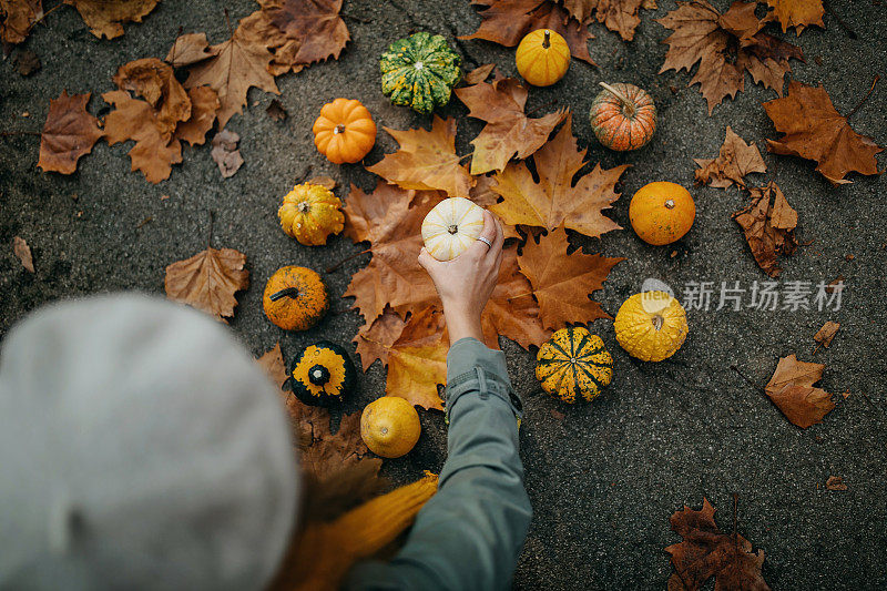 女人把南瓜和南瓜摆成一个圆圈