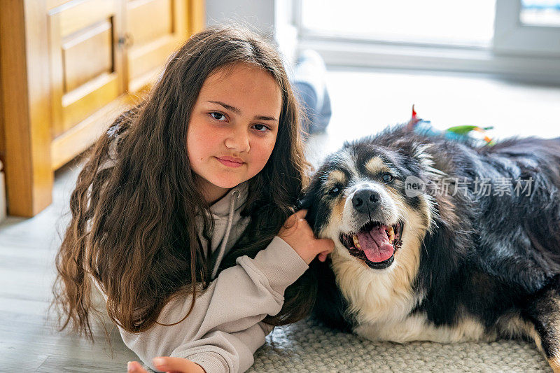 13岁的女孩和宠物边境牧羊犬
