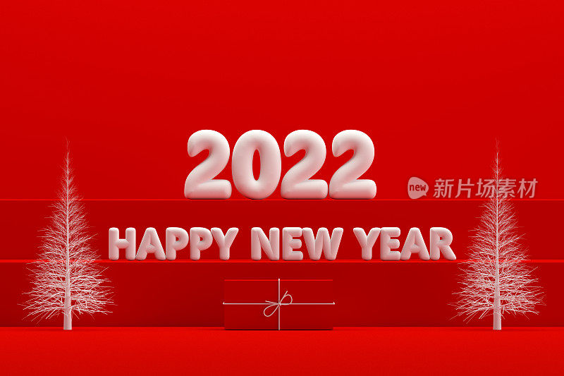 2022年圣诞新年概念，红色背景，楼梯站讲台