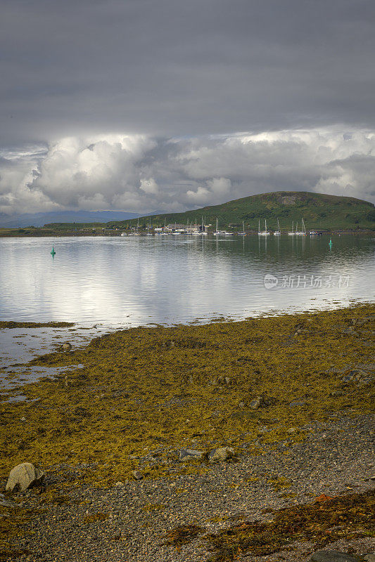 在苏格兰阿吉尔郡奥班湾的奥班港附近，从海藻覆盖的海滩上看到的码头。