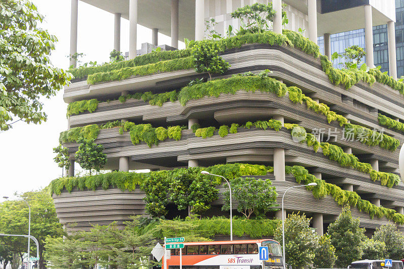 新加坡一家酒店被植物覆盖的外观。