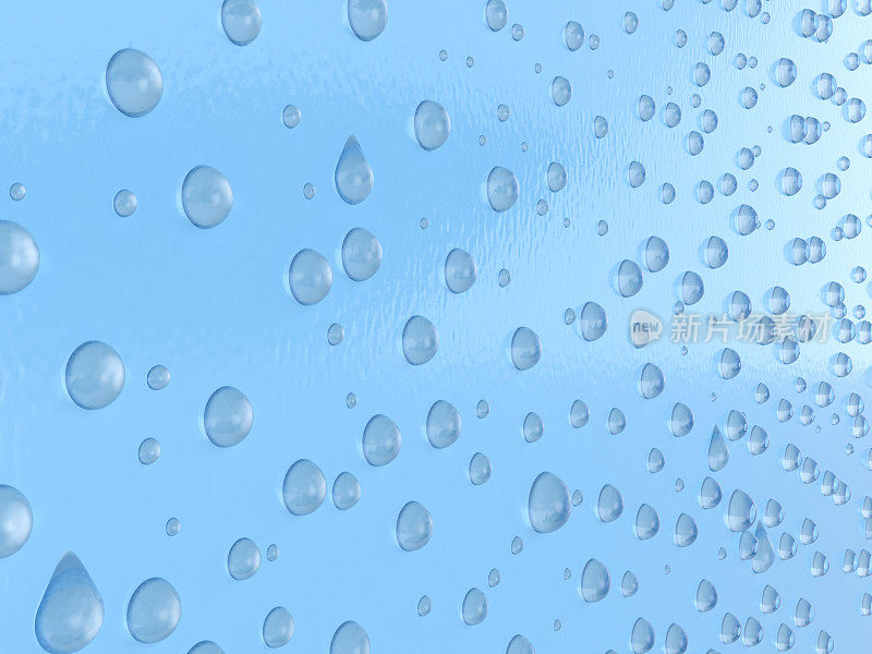 蓝色塑料树脂墙上水滴的3D插图。