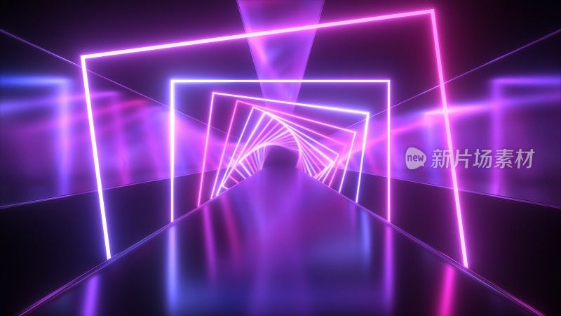 未来霓虹激光扭曲方形荧光紫外线灯隧道-抽象背景纹理