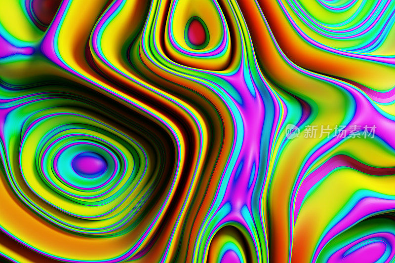 动态彩虹液体波。流体光泽曲线形状。抽象的背景。三维渲染