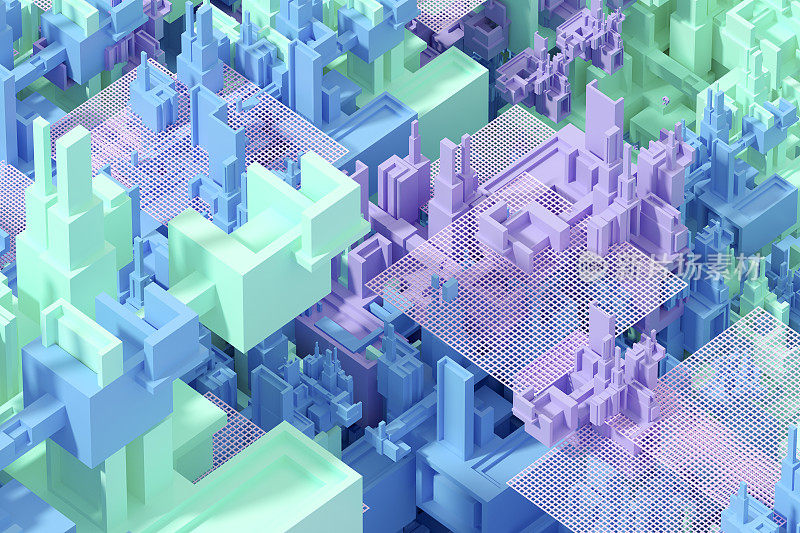 城市景观背景，元宇宙，智慧城市，街区形状，区块链，大数据技术概念