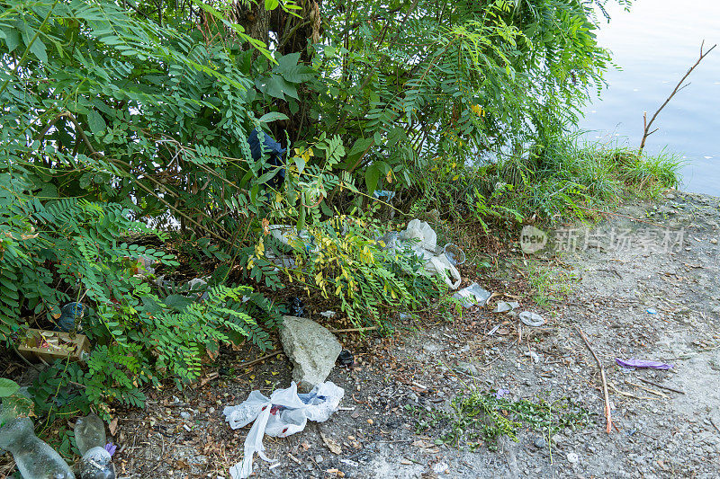 垃圾倾倒在森林里，散落在草地上。野餐后树林里的塑料垃圾。