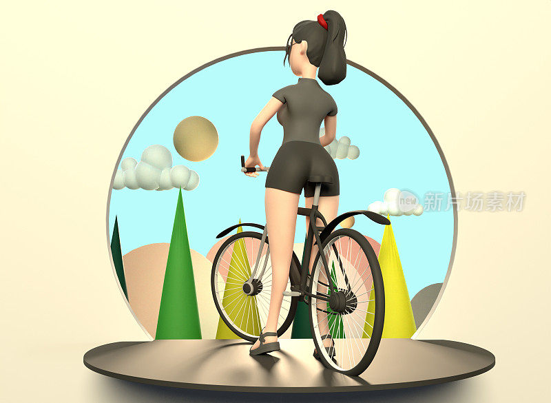 一个穿着黑色短裤和t恤的女孩坐在一辆3d渲染的自行车上