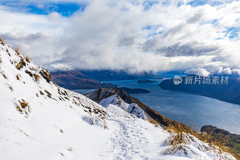 有雪山和冰川湖的山间小道